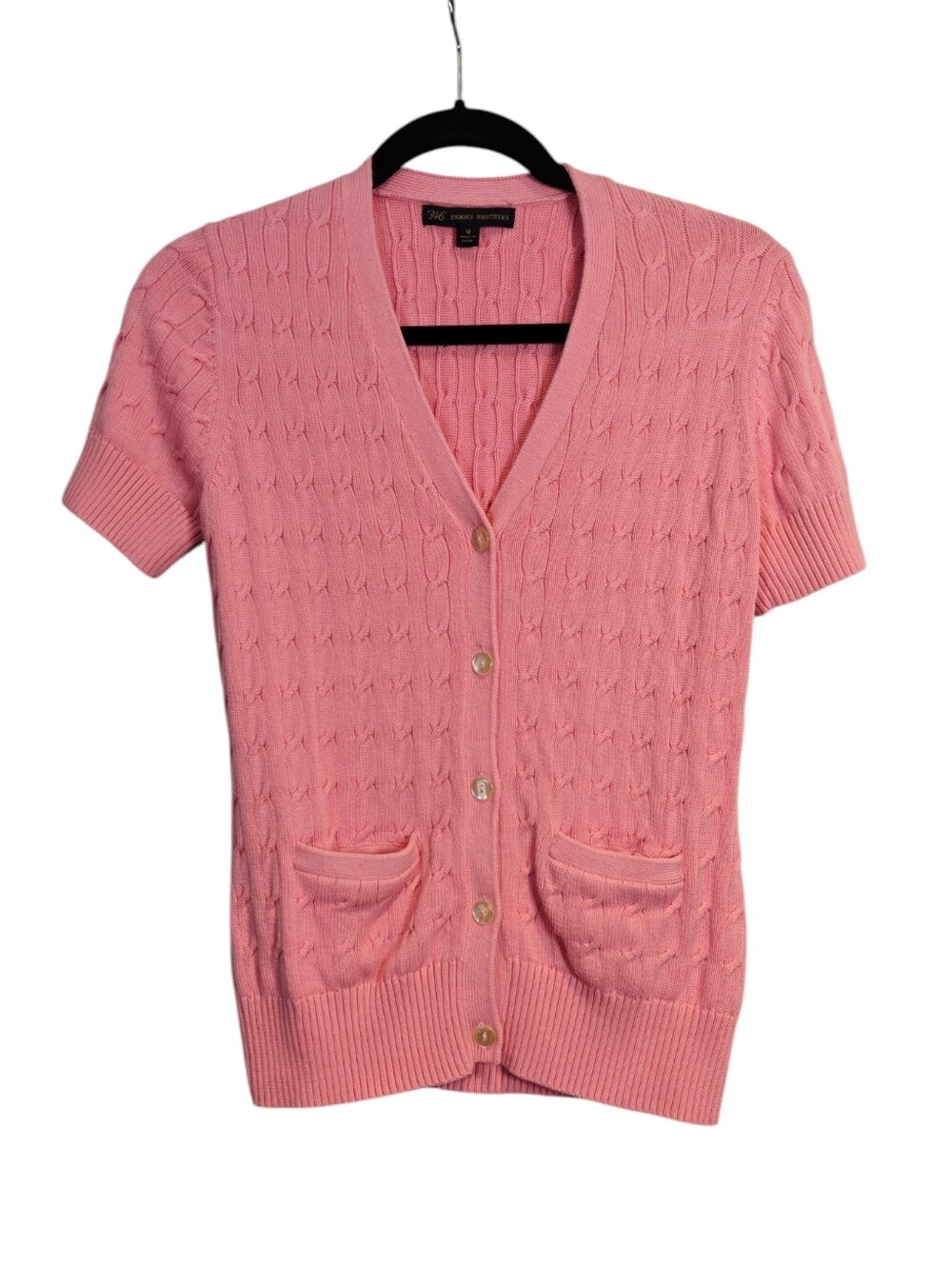 BROOKS BROTHERS Short Sleeve Pink Cable-Knit Button Cardigan Size Medium